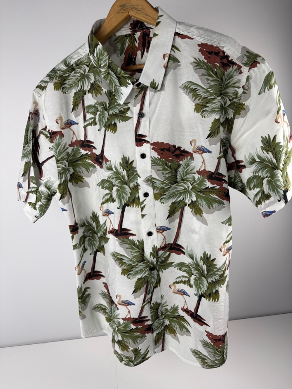 Freddy White Short Sleeve Button-Down with Green Palm Print